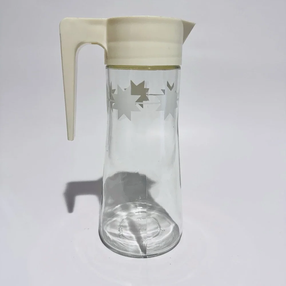 Vintage Anchor Hocking Tall Syrup Dispenser‎ Retro White Stars Lid Discoloration